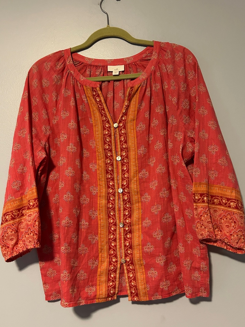 J. Jill Red Printed Button-Front Tunic with Orange Trim